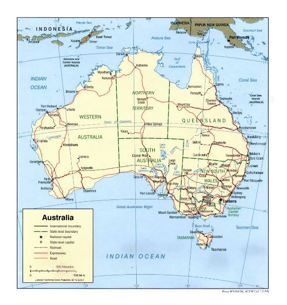 Детальная политическая и административная карта Австралии с дорогами, железными дорогами и городами - 1999
