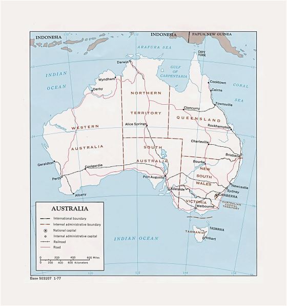 Детальная политическая и административная карта Австралии с дорогами, железными дорогами и крупными городами - 1977