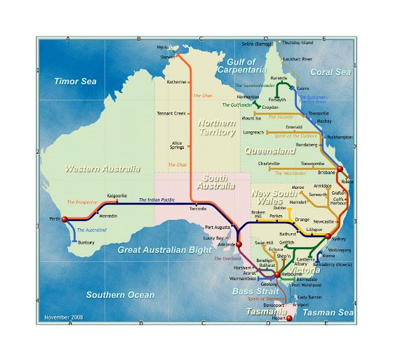 Подробная карта железнодорожной сети Австралии