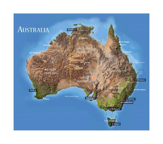 Детальная карта рельефа Австралии с административными делениями и крупными городами