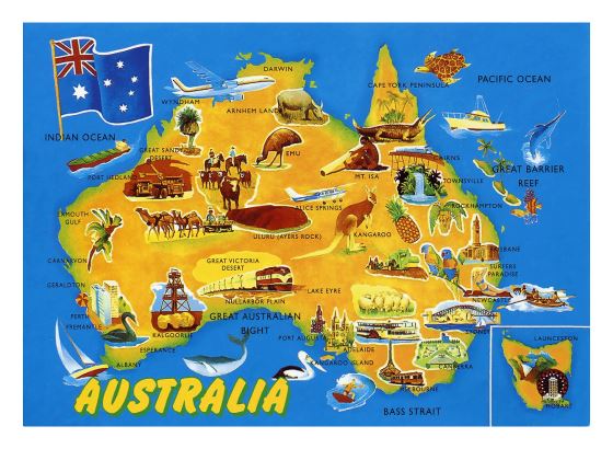 Детальная туристическая иллюстрированная карта Австралии