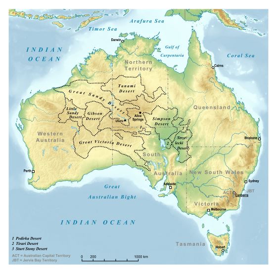 Большая детальная карта пустынь Австралии с рельефом и городами