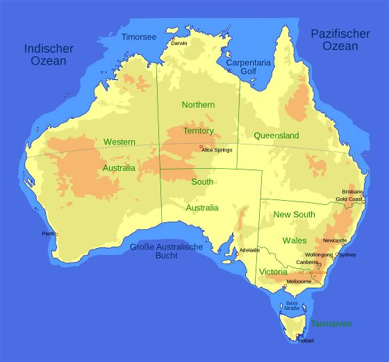 Большая подробная карта высот Австралии
