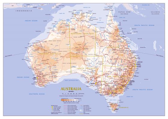 Большая детальная карта высот Австралии с дорогами, городами и другими пометками