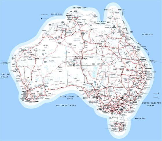Большая детальная карта Австралии с дорогами, железными дорогами и городами