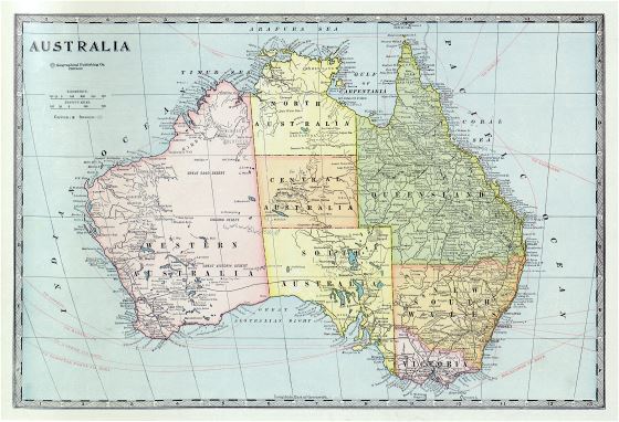 Большая подробная старая политическая и административная карта Австралии с пометками городов, дорог и другими пометками- 1932