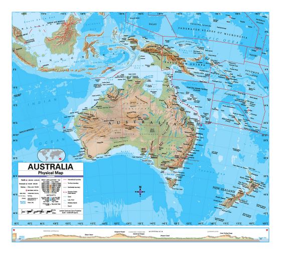 Большая детальная физическая карта Австралии с другими пометками