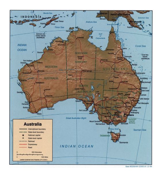 Большая детальная политическая и административная карта Австралии с рельефом, дорогами, железными дорогами и городами - 1999