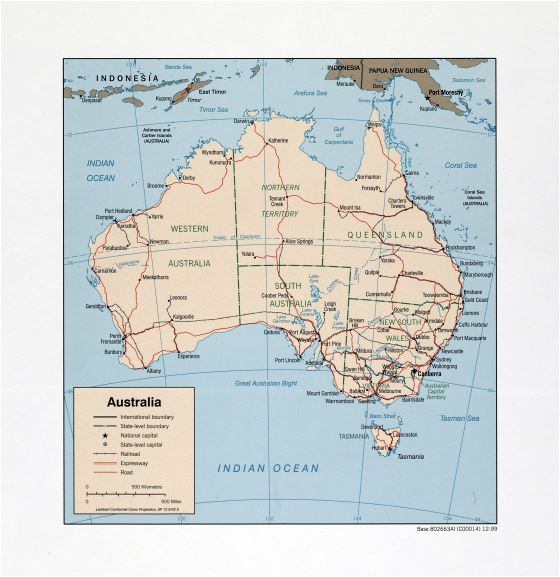 Большая детальная политическая и административная карта Австралии с дорогами, железными дорогами и городами - 1999
