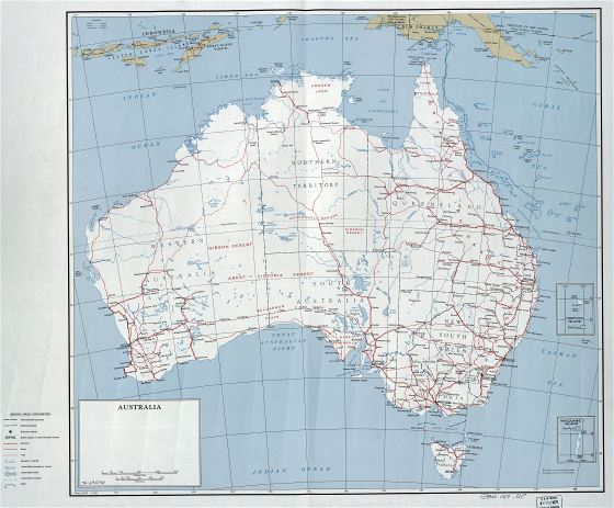 Большая подробная политическая и административная карта Австралии с дорогами, железными дорогами, городами и другими пометками - 1959