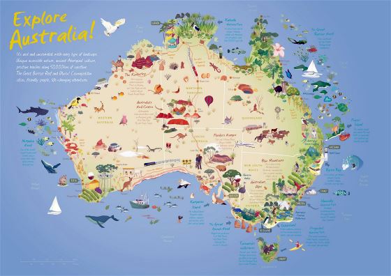 Большая детальная туристическая иллюстрированная карта Австралии