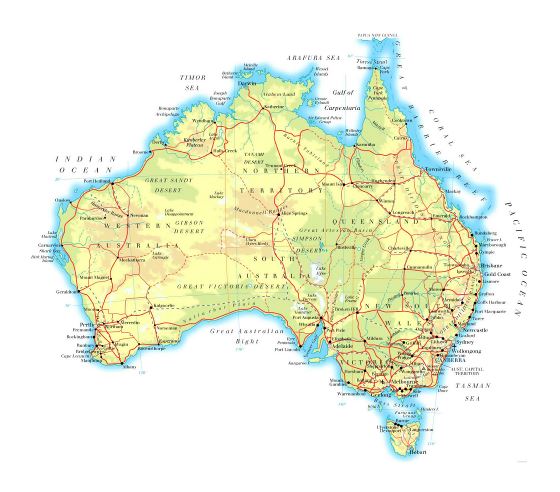 Большая карта высот Австралии с дорогами, железными дорогами, городами и аэропортами