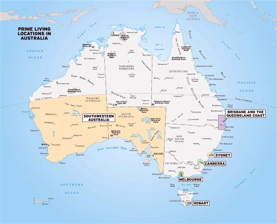 Большая карта Австралии с национальными парками и городами