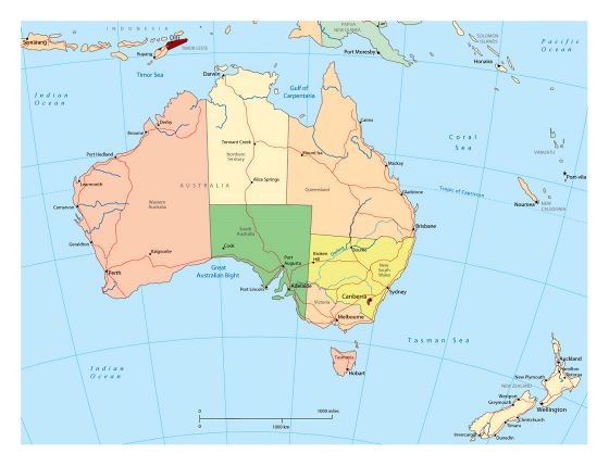 Большая политическая и административная карта Австралии с дорогами и городами