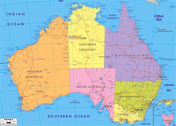 Большая политическая и административная карта Австралии с дорогами, городами и аэропортами