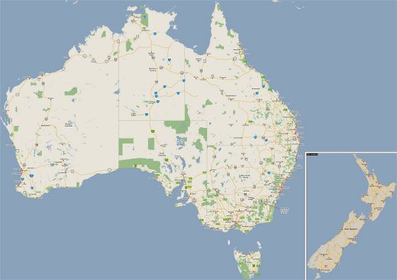 Большая карта дорог Австралии с национальными парками и городами