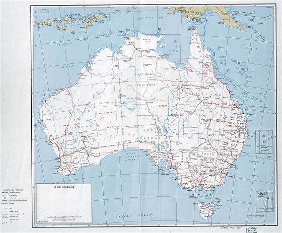 Крупномасштабная детальная политическая и административная карта Австралии с дорогами, железными дорогами, городами и другими пометками - 1959