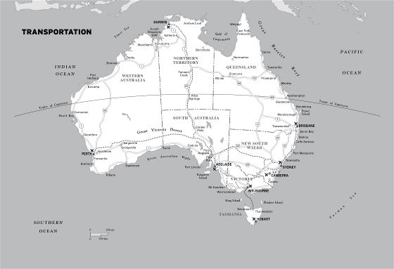Большая транспортная карта Австралии с городами и аэропортами