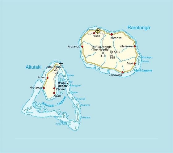 Детальная карта Раротонга и Аитутаки, островов Кука с дорогами, аэропортами и городами