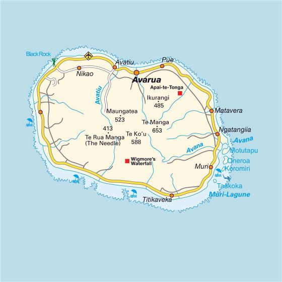 Детальная карта дорог острова Раротонга с аэропортом и городами