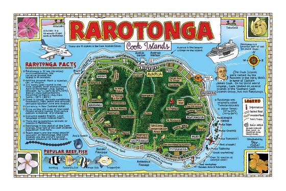 Детальная туристическая иллюстрированная карта Раротонга, Острова Кука