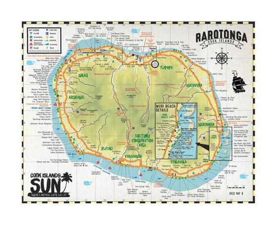 Подробная туристическая карта Раротонга, Острова Кука