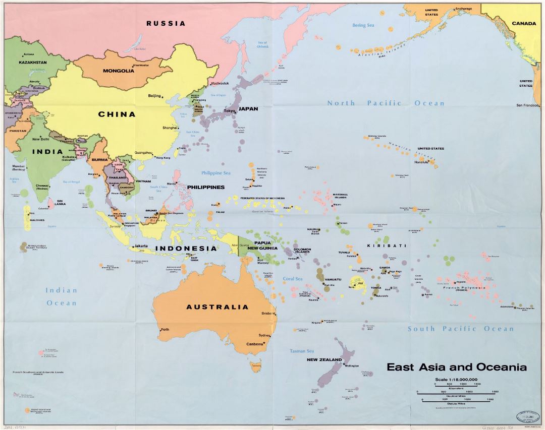 Подробная политическая карта Восточной Азии и Океании
