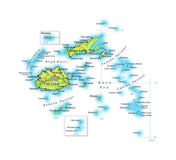 Детальная карта высот Фиджи с дорогами, городами и аэропортами