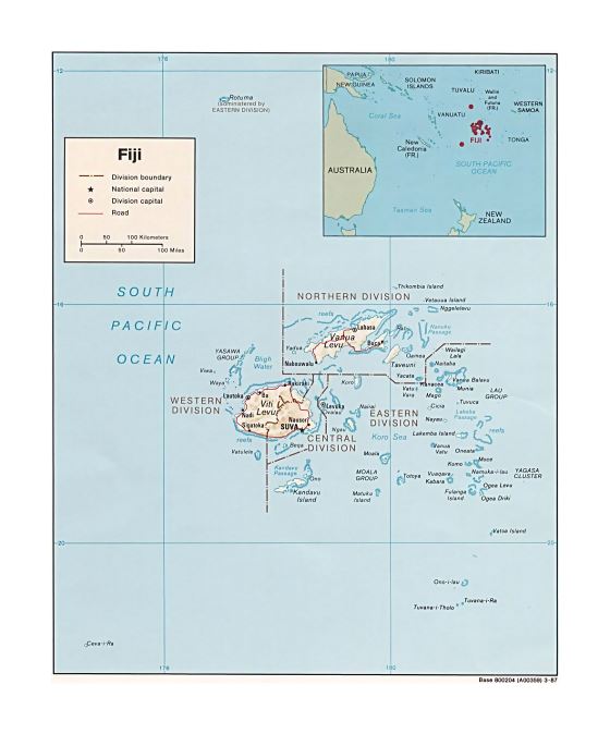 Подробная политическая и административная карта Фиджи с рельефом, дорогами и крупными городами - 1987
