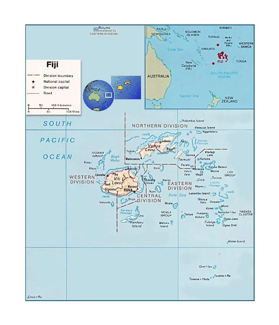 Детальная политическая и административная карта Фиджи с рельефом, дорогами и крупными городами