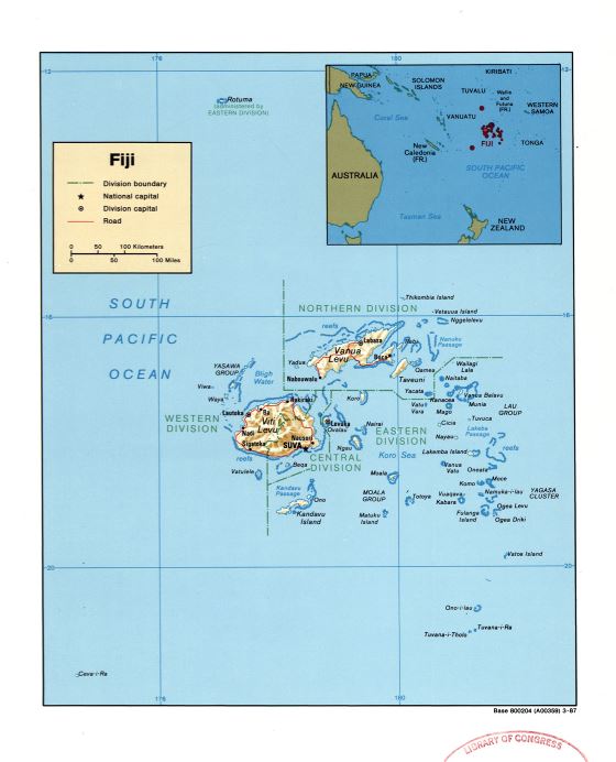 Большая детальная политическая и административная карта Фиджи с рельефом, дорогами и крупными городами - 1987