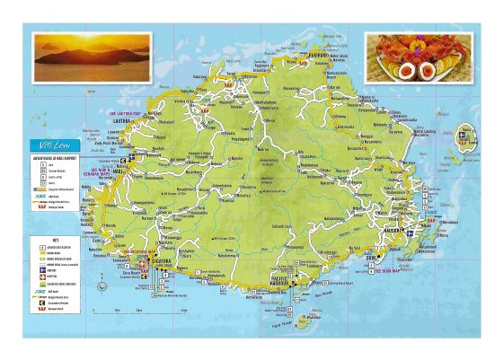 Большая подробная туристическая карта острова Вити-Леву, Фиджи с другими пометками