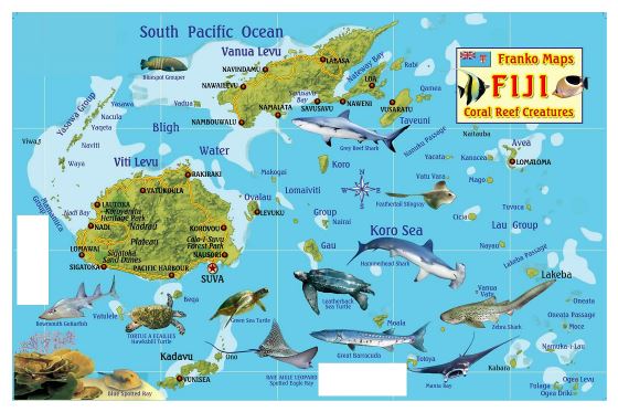 Большая карта Фиджи с рельефом и другими пометками