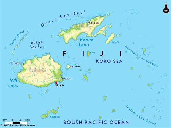 Большая физическая карта Фиджи с крупными городами
