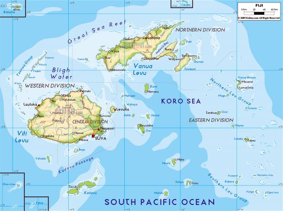 Большая физическая карта Фиджи с дорогами, крупными городами и аэропортами