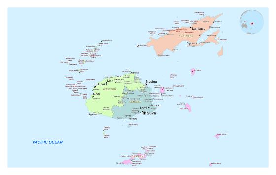 Большая политическая и административная карта Фиджи с городами, поселками и деревнями