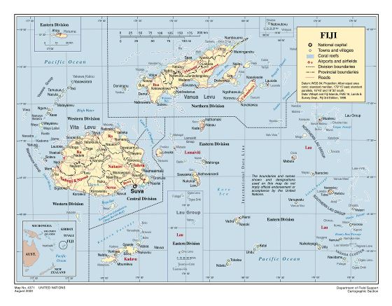 Большая политическая и административная карта Фиджи с дорогами, городами и аэропортами