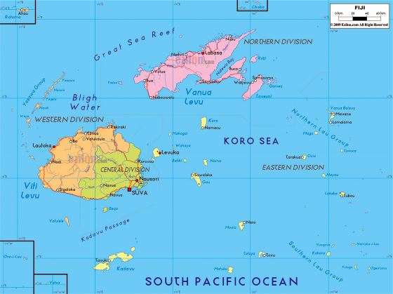 Большая политическая и административная карта Фиджи с дорогами, крупными городами и аэропортами