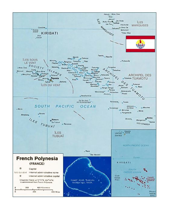 Подробная политическая карта Французской Полинезии с флагом