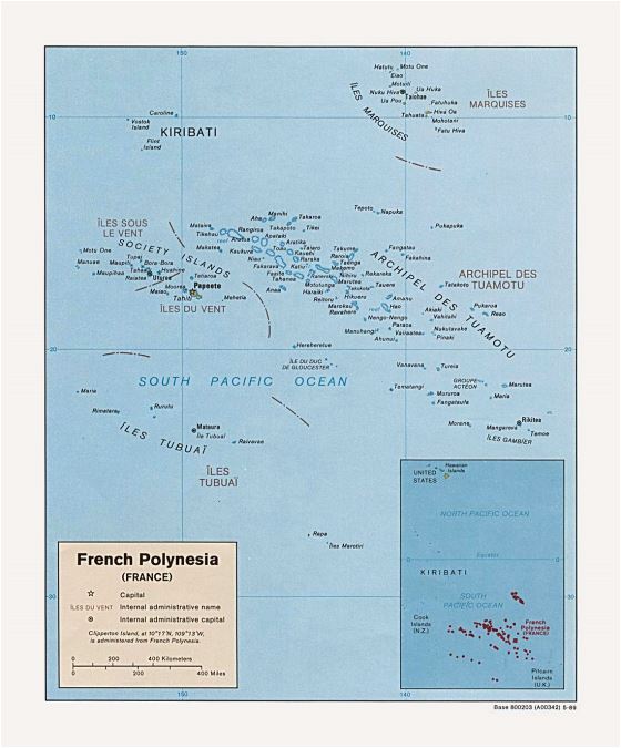 Детальная политическая карта Французской Полинезии с крупными городами - 1989