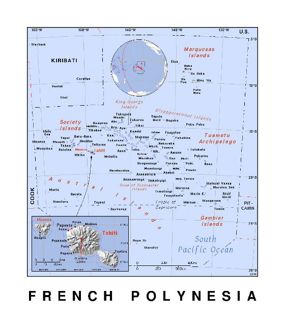 Подробная политическая карта Французской Полинезии с рельефом