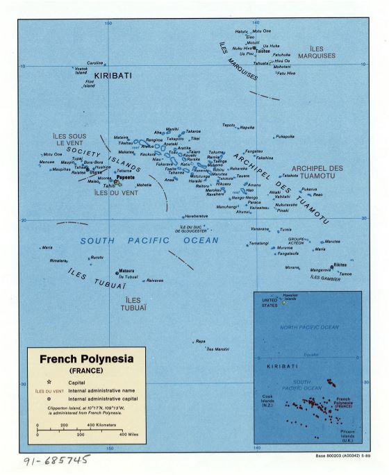 Большая детальная политическая карта Французской Полинезии с крупными городами - 1989