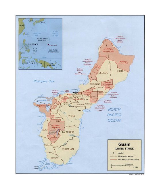 Подробная политическая и военная карта Гуама с другими пометками - 1991