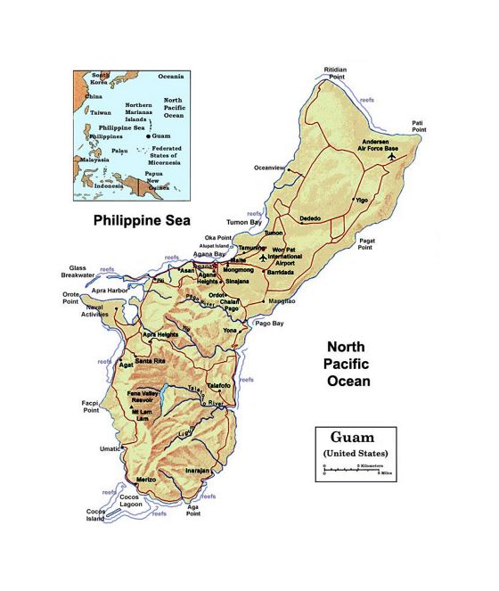 Детальная политическая карта Гуама с рельефом, реками, дорогами, городами и аэропортами