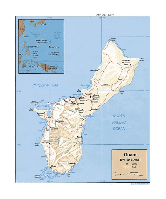 Детальная политическая карта Гуама с рельефом, дорогами, городами и аэропортами - 1991