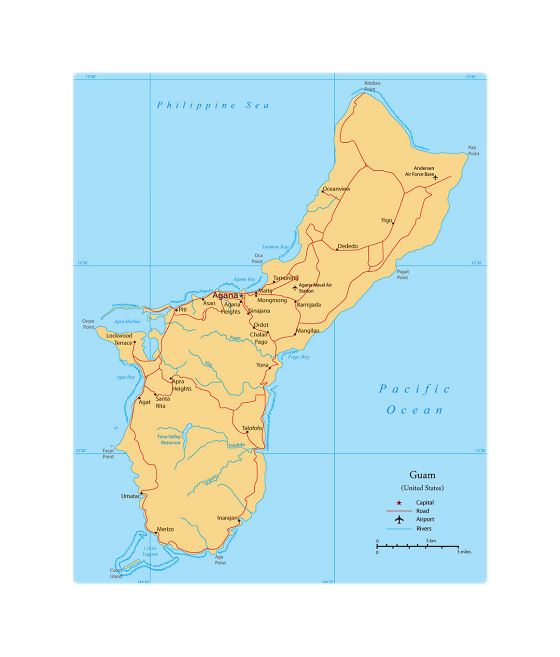 Подробная политическая карта Гуама с дорогами, городами и аэропортами