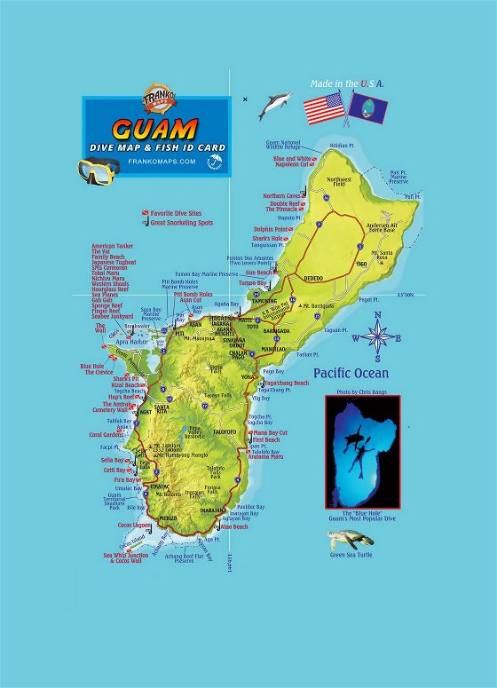 Детальная туристическая карта Гуама с рельефом, дорогами, городами и другими пометками