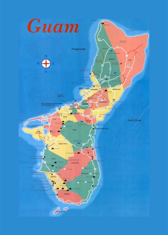 Большая административная карта Гуама с дорогами и другими пометками