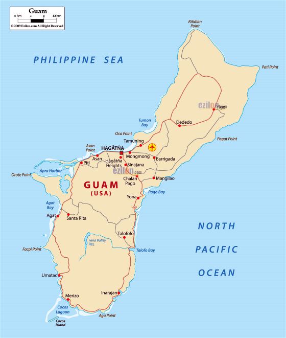 Большая детальная карта дорог Гуама с городами и аэропортами