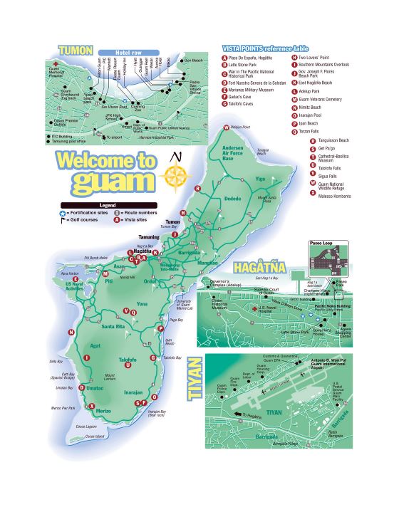 Большая туристическая карта Гуама с дорогами и аэропортами